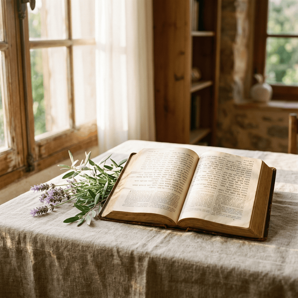 Open Bible beside lavender and olive branches on a sunlit table